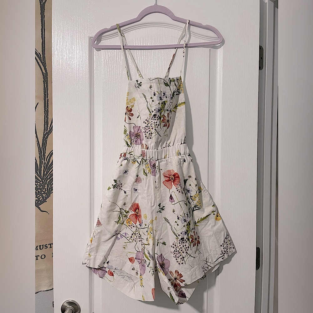 H&M, XS, White Floral, Square Neck, Tie-Back, Romper